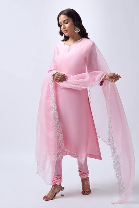 House Of Pink_Pink Chanderi, Modal, Silk, Organza Pearls V-neck Powder Embroidered Kurta Set _Online_at_Aza_Fashions