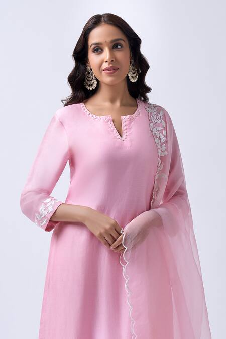 Buy_House Of Pink_Pink Chanderi, Modal, Silk, Organza Pearls V-neck Powder Embroidered Kurta Set _Online_at_Aza_Fashions