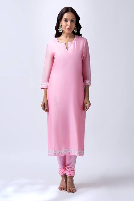 House Of Pink_Pink Chanderi, Modal, Silk, Organza Pearls V-neck Powder Embroidered Kurta Set _at_Aza_Fashions