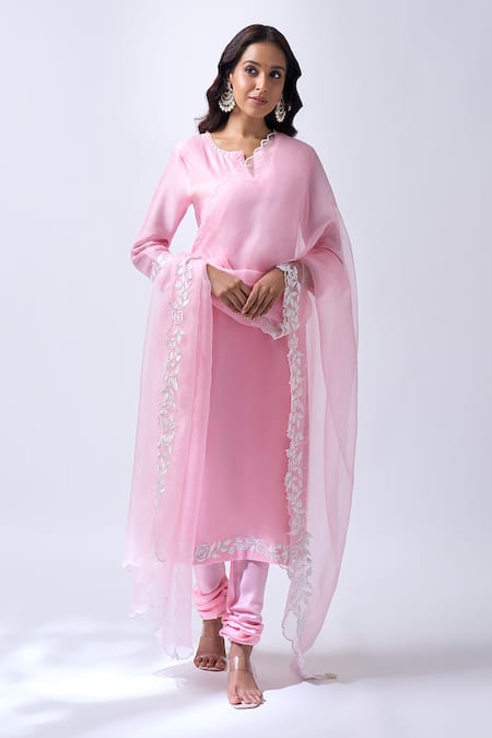 House Of Pink Pink Chanderi, Modal, Silk, Organza Pearls V-neck Powder Embroidered Kurta Set