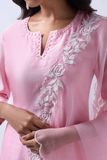 Buy_House Of Pink_Pink Chanderi, Modal, Silk, Organza Pearls V-neck Powder Embroidered Kurta Set 