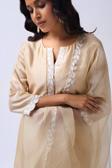 House Of Pink_Beige Chanderi, Organza Embroidery, Pearls Round Neck Thread Kurta Set _Online_at_Aza_Fashions