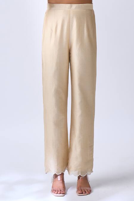 Buy_House Of Pink_Beige Chanderi, Organza Embroidery, Pearls Round Neck Thread Kurta Set _Online_at_Aza_Fashions