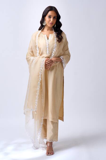 House Of Pink_Beige Chanderi, Organza Embroidery, Pearls Round Neck Thread Kurta Set _at_Aza_Fashions