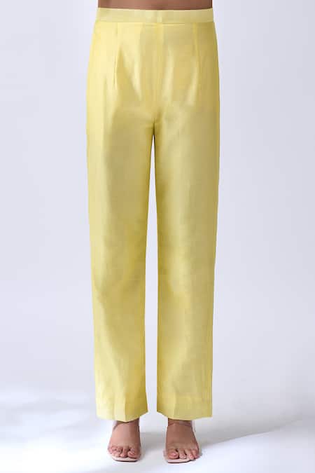 House Of Pink_Yellow Chanderi, Organza Embroidery, Pearls Round Neck Baby Kurta Pant Set _Online_at_Aza_Fashions