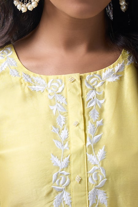 Shop_House Of Pink_Yellow Chanderi, Organza Embroidery, Pearls Round Neck Baby Kurta Pant Set _Online_at_Aza_Fashions