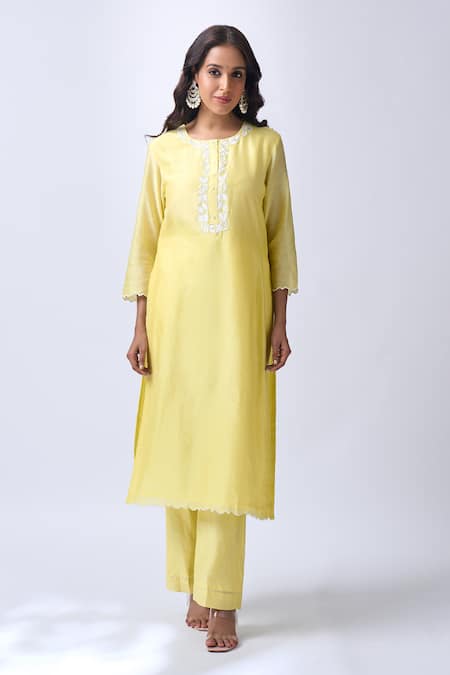 House Of Pink_Yellow Chanderi, Organza Embroidery, Pearls Round Neck Baby Kurta Pant Set _at_Aza_Fashions