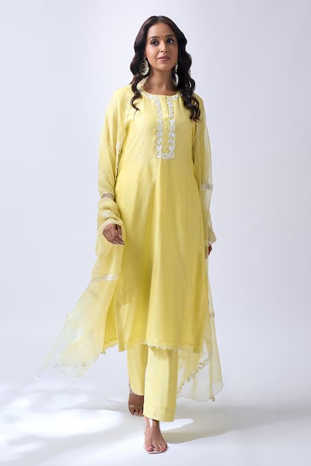 House Of Pink Yellow Chanderi, Organza Embroidery, Pearls Round Neck Baby Kurta Pant Set 