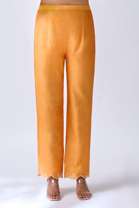 House Of Pink_Orange Chanderi, Organza Embroidery, Pearls V-neck Light Kurta Set _Online_at_Aza_Fashions