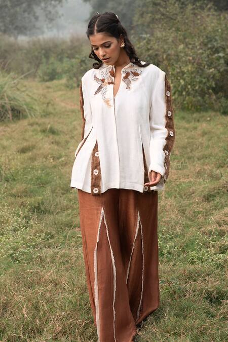 Kushani_Ivory Linen, Silk, Cotton Embroidery Round Neck Jacket And Mocha Brown Trouser Set _Online_at_Aza_Fashions