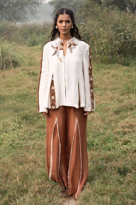 Buy_Kushani_Ivory Linen, Silk, Cotton Embroidery Round Neck Jacket And Mocha Brown Trouser Set _Online_at_Aza_Fashions