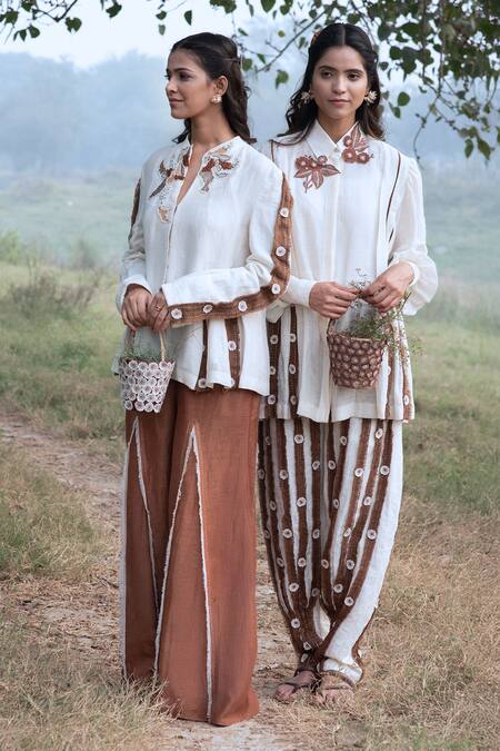 Shop_Kushani_Ivory Linen, Silk, Cotton Embroidery Round Neck Jacket And Mocha Brown Trouser Set _Online_at_Aza_Fashions