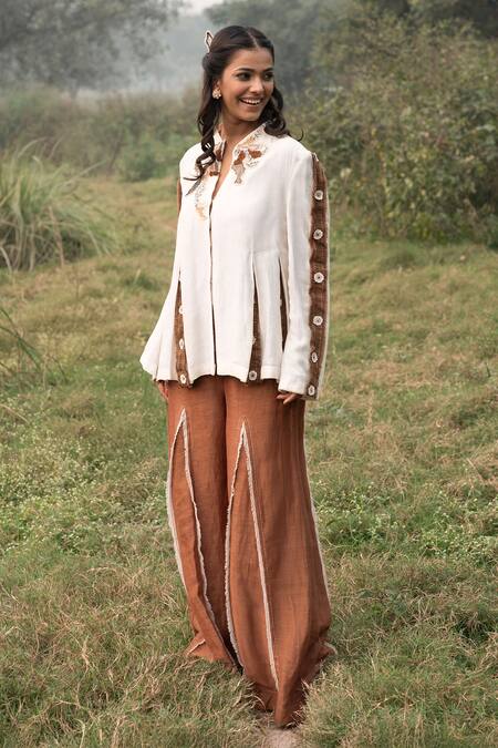 Kushani_Ivory Linen, Silk, Cotton Embroidery Round Neck Jacket And Mocha Brown Trouser Set _at_Aza_Fashions