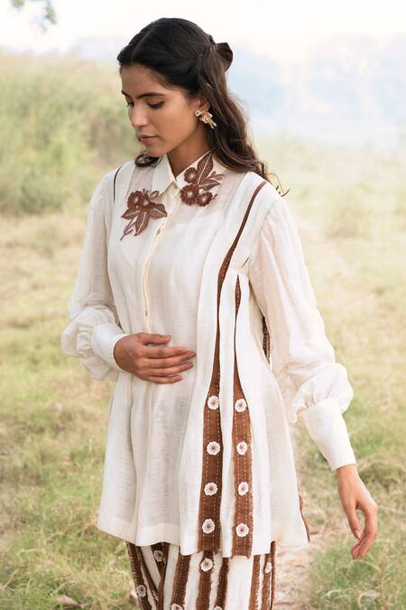 Kushani Ivory Linen, Silk, Cotton Embroidery Collared Floral Shirt And Trouser Set Online at Aza Fashions Kushani_Ivory Linen, Silk, Cotton Embroidery Collared Floral Shirt And Trouser Set _Online_at_Aza_Fashions