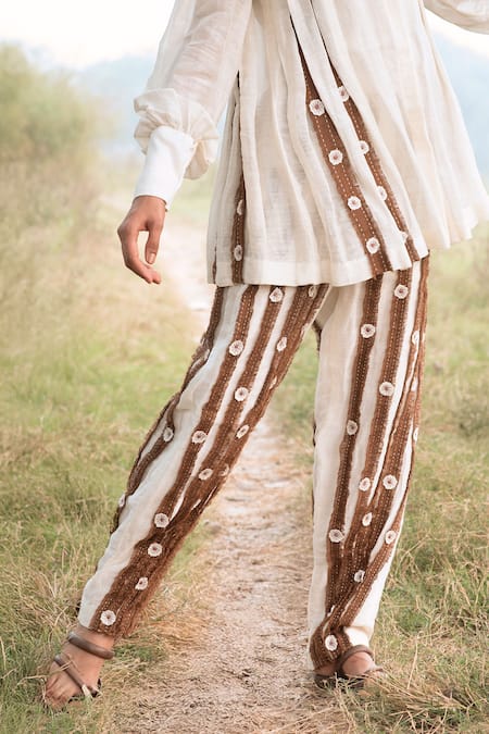 Buy Kushani Ivory Linen, Silk, Cotton Embroidery Collared Floral Shirt And Trouser Set Online at Aza Fashions Buy_Kushani_Ivory Linen, Silk, Cotton Embroidery Collared Floral Shirt And Trouser Set _Online_at_Aza_Fashions