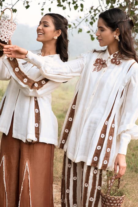 Shop Kushani Ivory Linen, Silk, Cotton Embroidery Collared Floral Shirt And Trouser Set Online at Aza Fashions Shop_Kushani_Ivory Linen, Silk, Cotton Embroidery Collared Floral Shirt And Trouser Set _Online_at_Aza_Fashions
