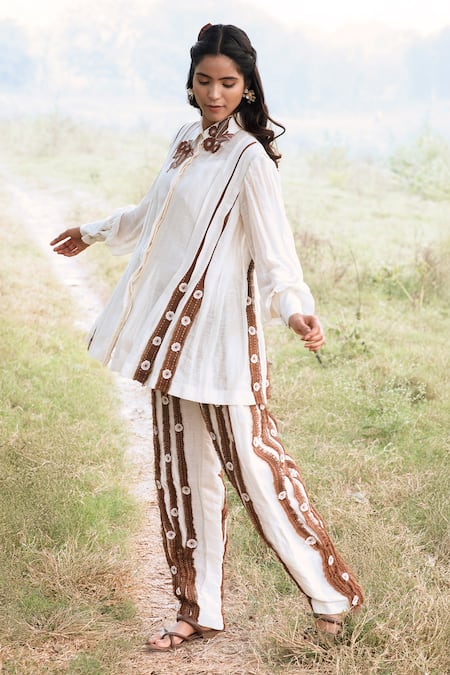 Kushani Ivory Linen, Silk, Cotton Embroidery Collared Floral Shirt And Trouser Set at Aza Fashions Kushani_Ivory Linen, Silk, Cotton Embroidery Collared Floral Shirt And Trouser Set _at_Aza_Fashions