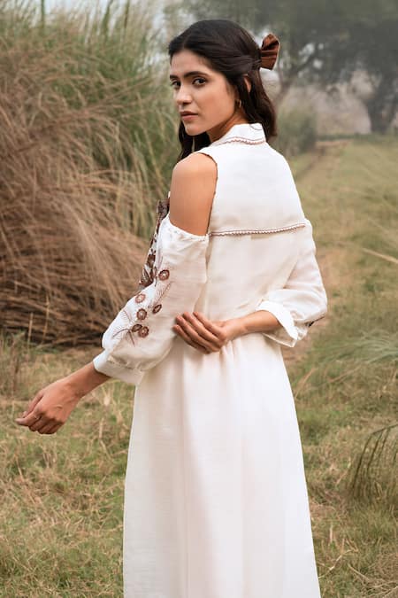 Kushani Ivory Floral Embroidered Linen Dress 