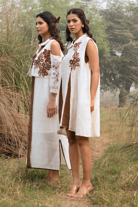 Kushani_Ivory Linen, Silk, Cotton Beads Round Neck Floral Embroidered Dress _Online_at_Aza_Fashions