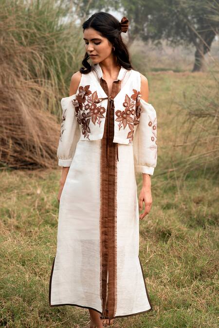 Buy_Kushani_Ivory Linen, Silk, Cotton Beads Round Neck Floral Embroidered Dress _Online_at_Aza_Fashions