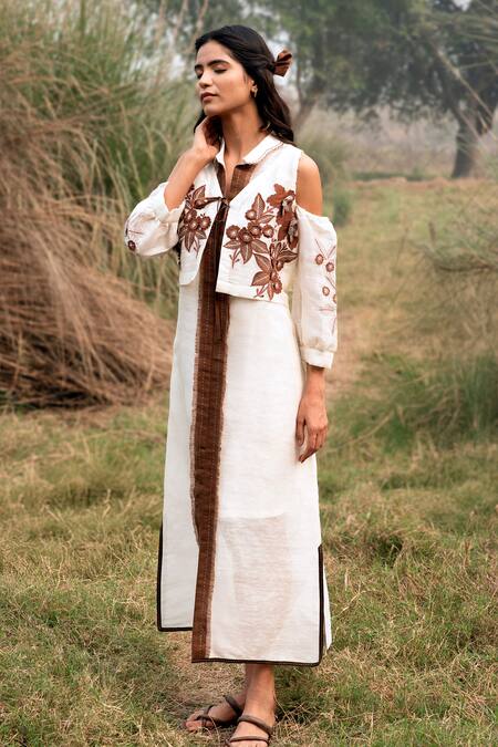 Shop_Kushani_Ivory Linen, Silk, Cotton Beads Round Neck Floral Embroidered Dress _Online_at_Aza_Fashions