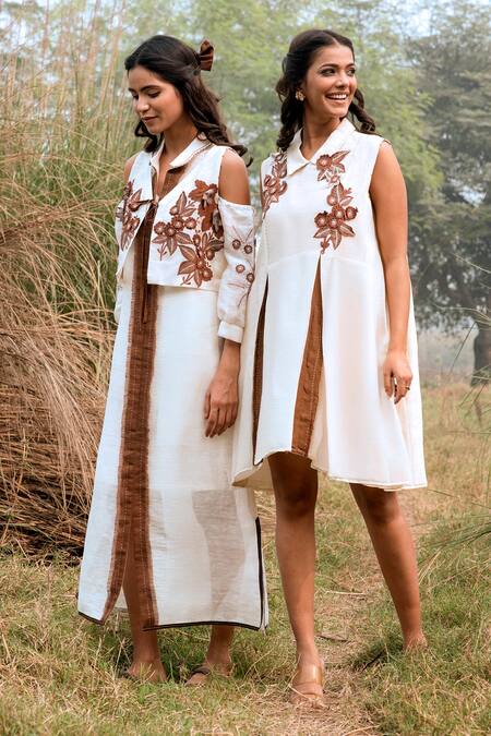 Buy_Kushani_Ivory Linen, Silk, Cotton Beads, Embroidery Collared Floral Dress _Online_at_Aza_Fashions