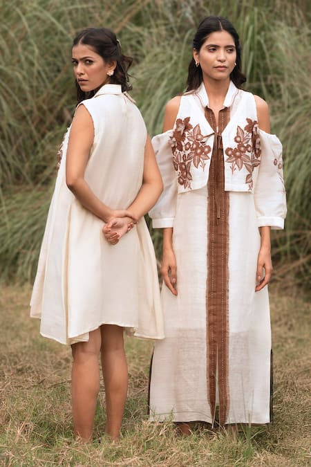 Shop_Kushani_Ivory Linen, Silk, Cotton Beads, Embroidery Collared Floral Dress _Online_at_Aza_Fashions