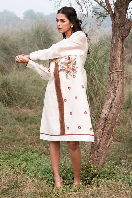 Buy_Kushani_Ivory Linen, Silk, Cotton Beads, Embroidery Notched Neck Midi Dress _Online_at_Aza_Fashions