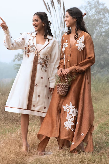 Kushani_Brown Linen, Silk, Cotton Beads, Embroidery V-neck Mocha Floral Kaftan _Online_at_Aza_Fashions