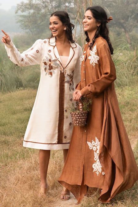 Buy_Kushani_Brown Linen, Silk, Cotton Beads, Embroidery V-neck Mocha Floral Kaftan _Online_at_Aza_Fashions