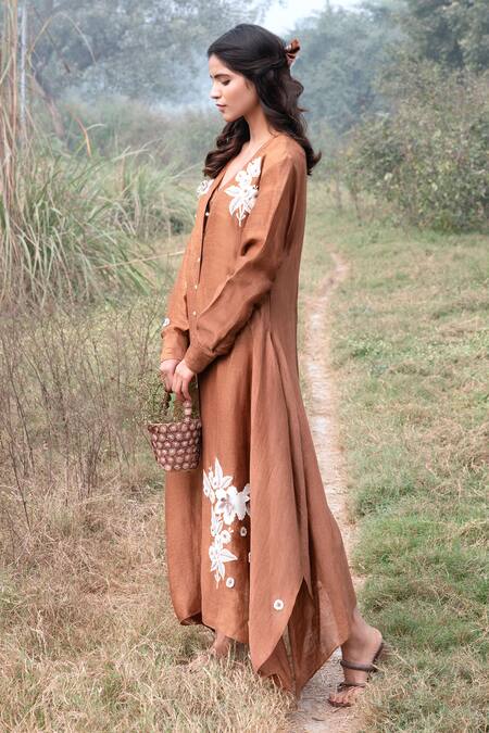 Shop_Kushani_Brown Linen, Silk, Cotton Beads, Embroidery V-neck Mocha Floral Kaftan _Online_at_Aza_Fashions
