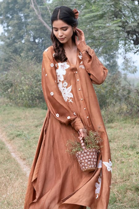Kushani_Brown Linen, Silk, Cotton Beads, Embroidery V-neck Mocha Floral Kaftan _at_Aza_Fashions