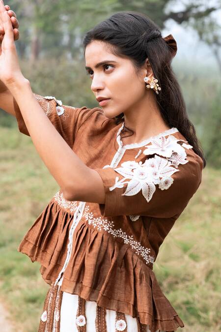 Kushani Brown Linen, Silk Beads, Mocha Cropped Jacket And Ivory Palazzo Pant Set Online at Aza Fashions Kushani_Brown Linen, Silk Beads, Mocha Cropped Jacket And Ivory Palazzo Pant Set _Online_at_Aza_Fashions