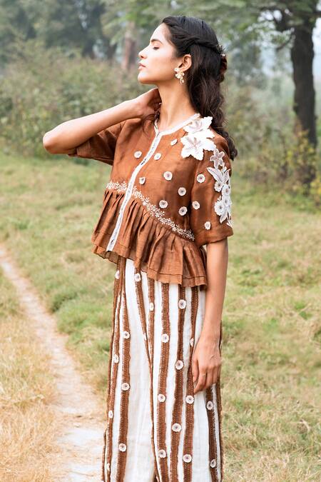 Buy Kushani Brown Linen, Silk Beads, Mocha Cropped Jacket And Ivory Palazzo Pant Set Online at Aza Fashions Buy_Kushani_Brown Linen, Silk Beads, Mocha Cropped Jacket And Ivory Palazzo Pant Set _Online_at_Aza_Fashions