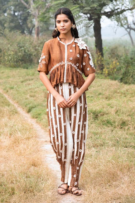 Kushani Brown Linen, Silk Beads, Mocha Cropped Jacket And Ivory Palazzo Pant Set 