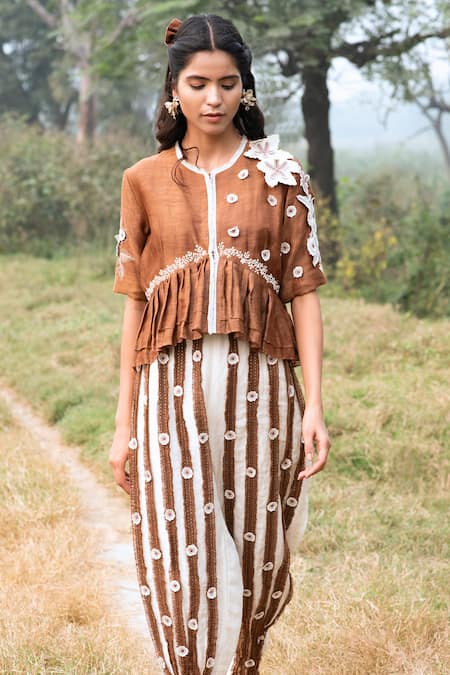Kushani Mocha Brown Cropped Jacket & Ivory Palazzo Pant Set 