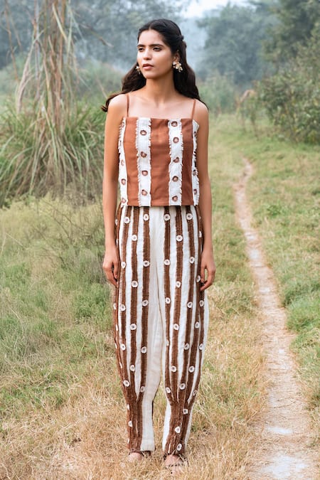 Kushani_Brown Linen, Silk, Cotton Applique, Embroidery Square Mocha Floral Co-ord Set _Online_at_Aza_Fashions