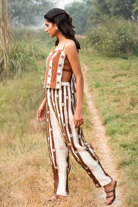 Shop_Kushani_Brown Linen, Silk, Cotton Applique, Embroidery Square Mocha Floral Co-ord Set _Online_at_Aza_Fashions