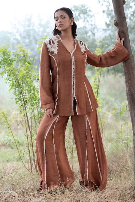 Kushani Brown Linen, Silk, Cotton Beads V-neck Mocha Embroidered Jacket And Trouser Set