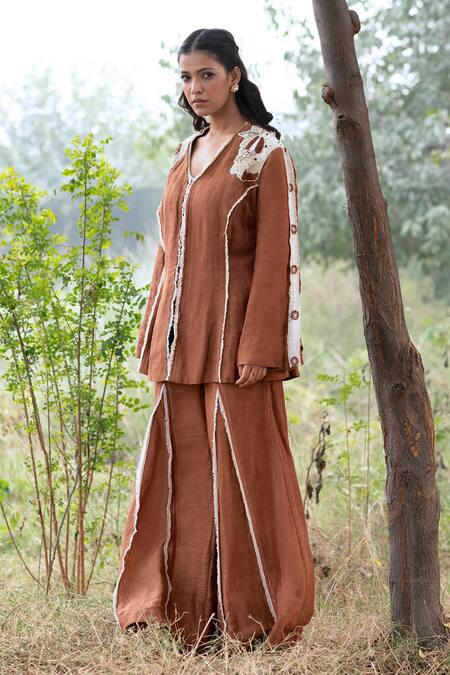 Kushani_Brown Linen, Silk, Cotton Beads V-neck Mocha Embroidered Jacket And Trouser Set _Online_at_Aza_Fashions