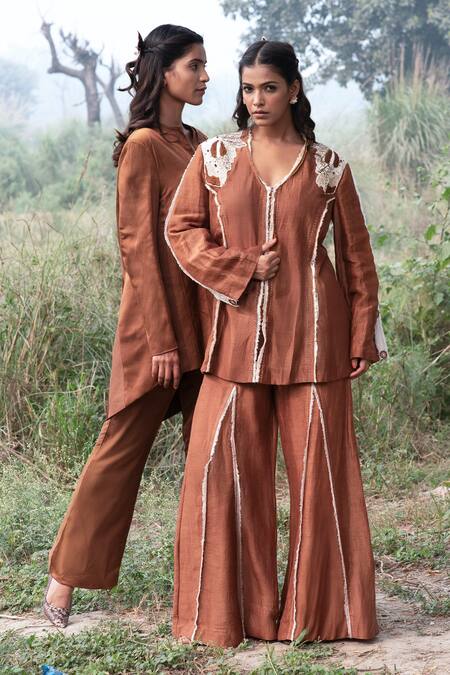 Buy_Kushani_Brown Linen, Silk, Cotton Beads V-neck Mocha Embroidered Jacket And Trouser Set _Online_at_Aza_Fashions