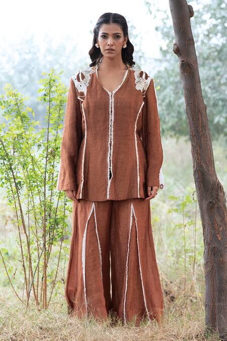 Shop_Kushani_Brown Linen, Silk, Cotton Beads V-neck Mocha Embroidered Jacket And Trouser Set _Online_at_Aza_Fashions