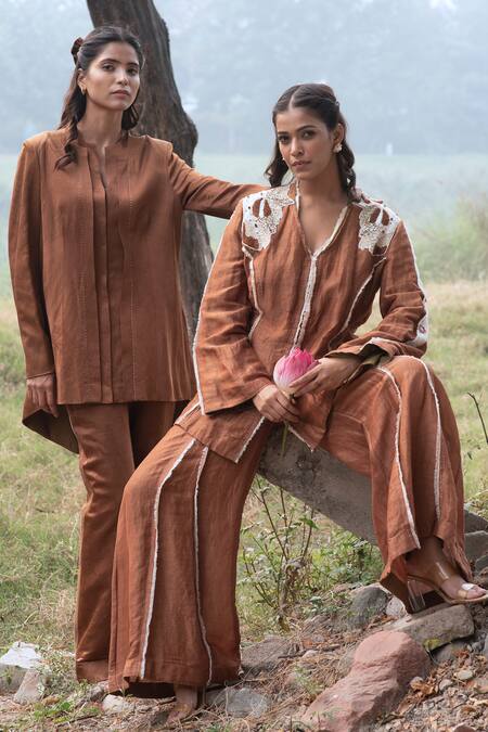 Kushani_Brown Linen, Silk, Cotton Beads V-neck Mocha Embroidered Jacket And Trouser Set _at_Aza_Fashions