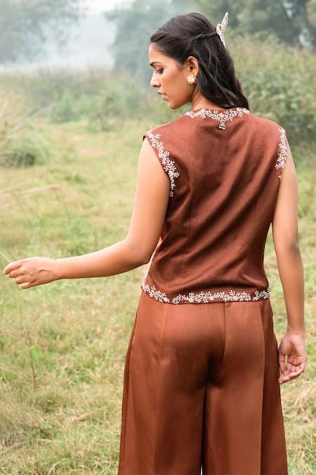 Kushani Mocha Brown Floral Embroidered Vest & Trouser Set 