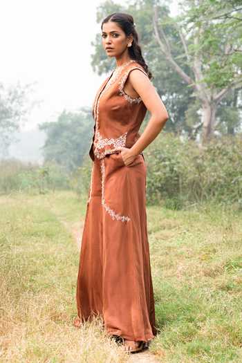 Buy Kushani Brown Linen, Satin, Cotton V-neck Mocha Floral Embroidered Vest And Trouser Set Online at Aza Fashions Buy_Kushani_Brown Linen, Satin, Cotton V-neck Mocha Floral Embroidered Vest And Trouser Set_Online_at_Aza_Fashions