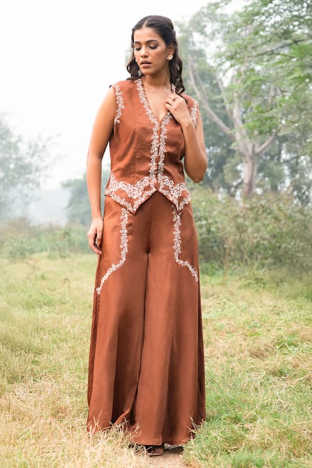 Kushani Brown Linen, Satin, Cotton V-neck Mocha Floral Embroidered Vest And Trouser Set