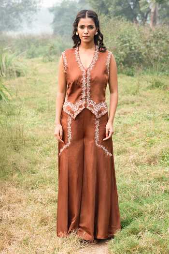 Shop Kushani Brown Linen, Satin, Cotton V-neck Mocha Floral Embroidered Vest And Trouser Set Online at Aza Fashions Shop_Kushani_Brown Linen, Satin, Cotton V-neck Mocha Floral Embroidered Vest And Trouser Set_Online_at_Aza_Fashions