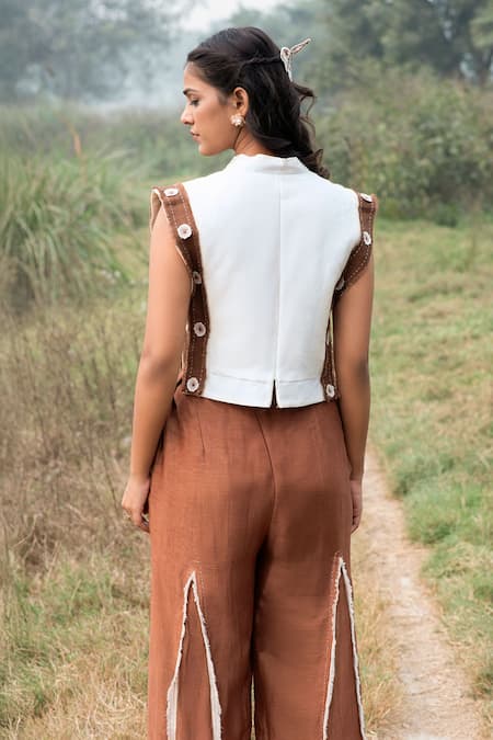 Kushani Ivory Crop Top & Mocha Brown Trouser Set 