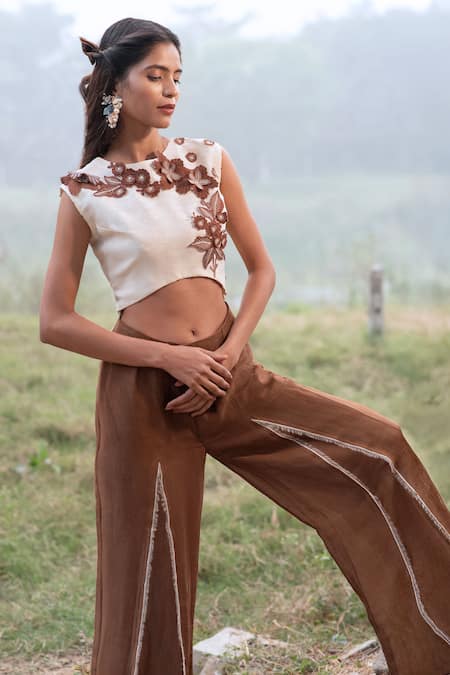 Kushani_Ivory Linen, Silk Beads, Embroidery Round Neck And Mocha Brown Jumpsuit _Online_at_Aza_Fashions