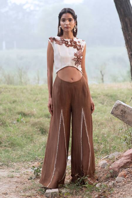 Buy_Kushani_Ivory Linen, Silk Beads, Embroidery Round Neck And Mocha Brown Jumpsuit _Online_at_Aza_Fashions